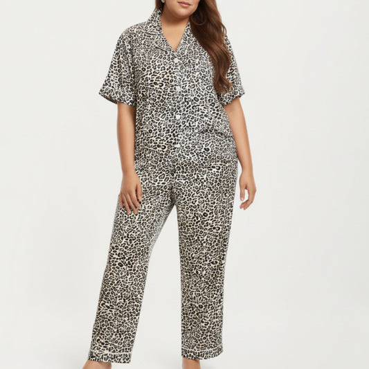 Anna-Kaci Lounge Women's PLus Size Leopard Print Pajama Set with Soft Satin Finish Relaxed Button Front Top and Straight Leg Pants