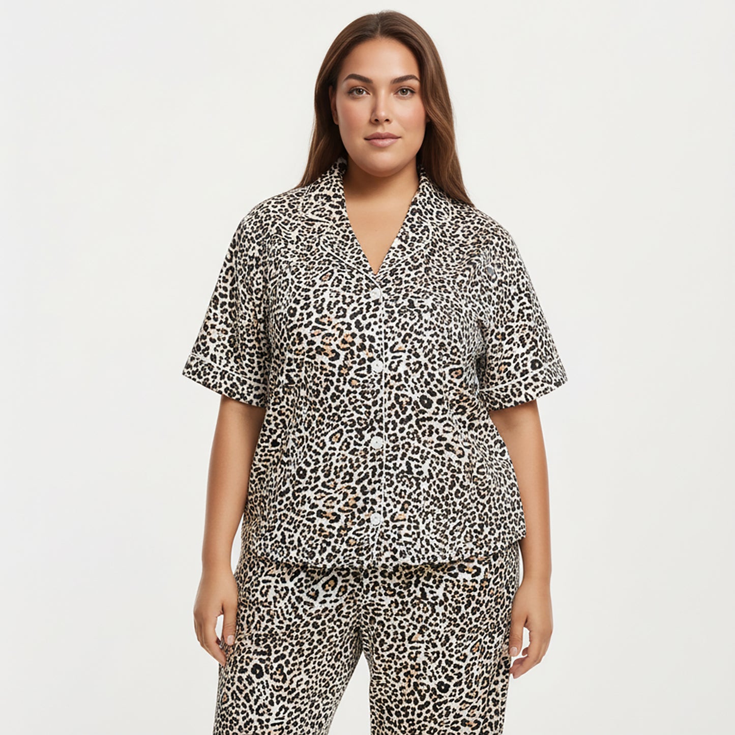 Anna-Kaci Lounge Women's PLus Size Leopard Print Pajama Set with Soft Satin Finish Relaxed Button Front Top and Straight Leg Pants