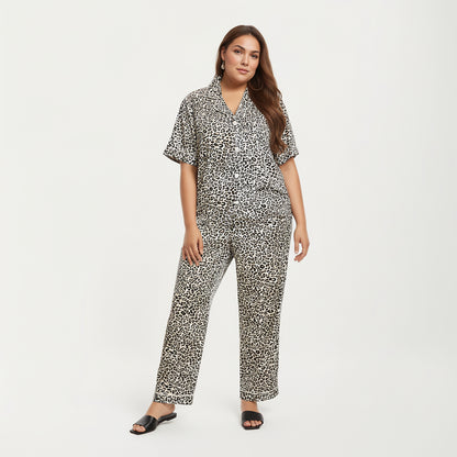 Anna-Kaci Lounge Women's PLus Size Leopard Print Pajama Set with Soft Satin Finish Relaxed Button Front Top and Straight Leg Pants