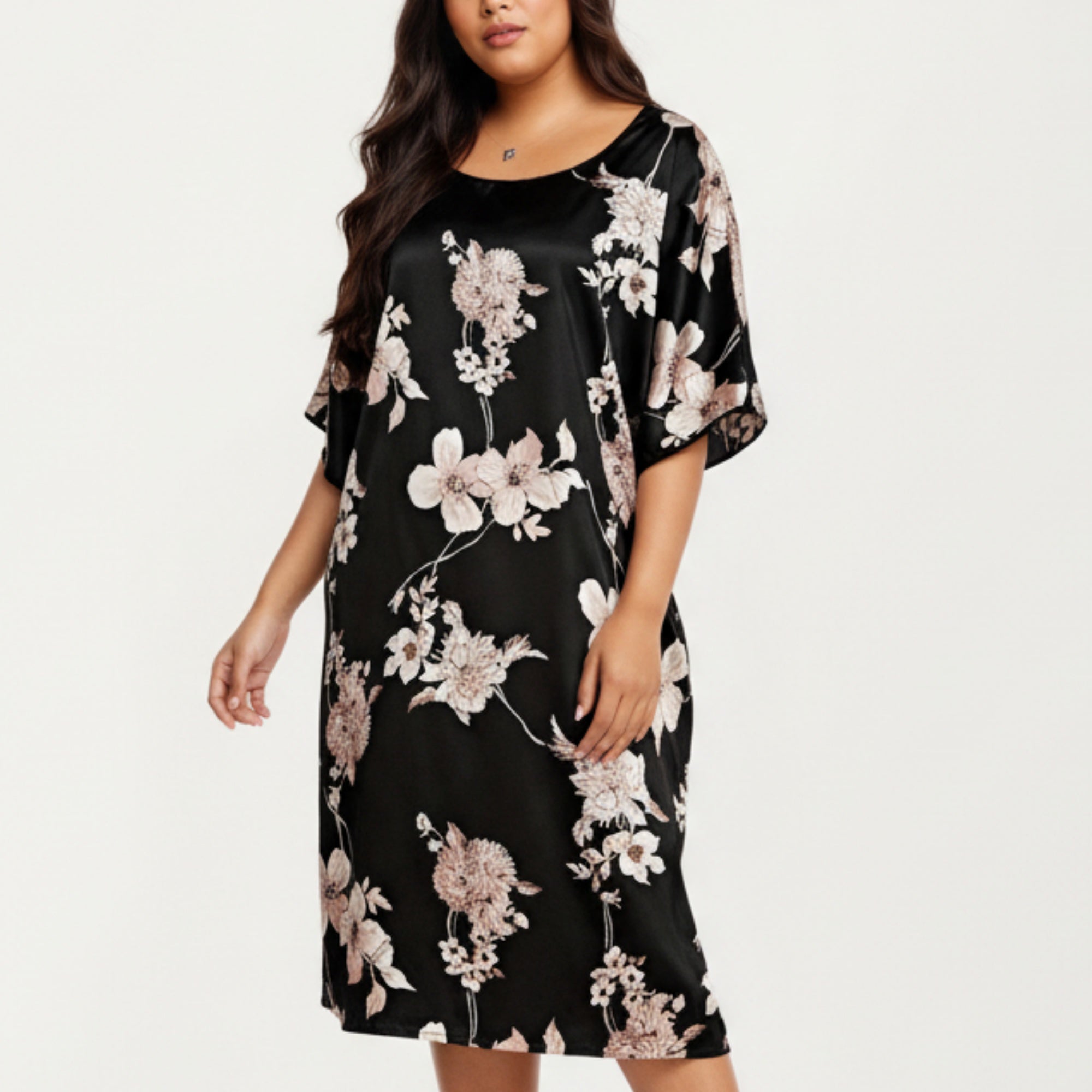 Anna-Kaci Lounge Women's PLus Size Satin Nightgown with Allover Floral Print Relaxed Fit Scoop Neckline and Flowing Short Sleeves