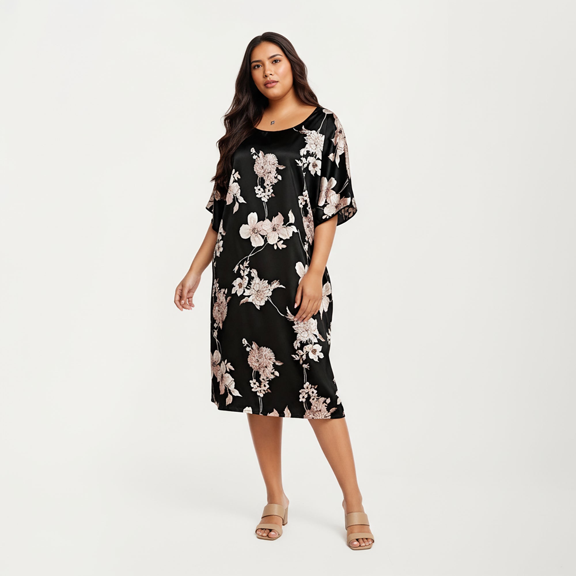 Anna-Kaci Lounge Women's PLus Size Satin Nightgown with Allover Floral Print Relaxed Fit Scoop Neckline and Flowing Short Sleeves