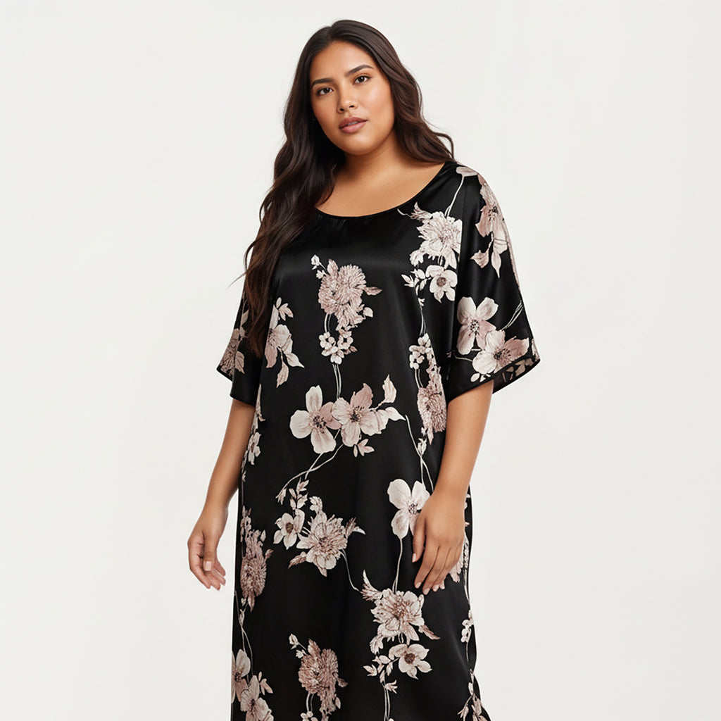 Anna-Kaci Lounge Women's PLus Size Satin Nightgown with Allover Floral Print Relaxed Fit Scoop Neckline and Flowing Short Sleeves