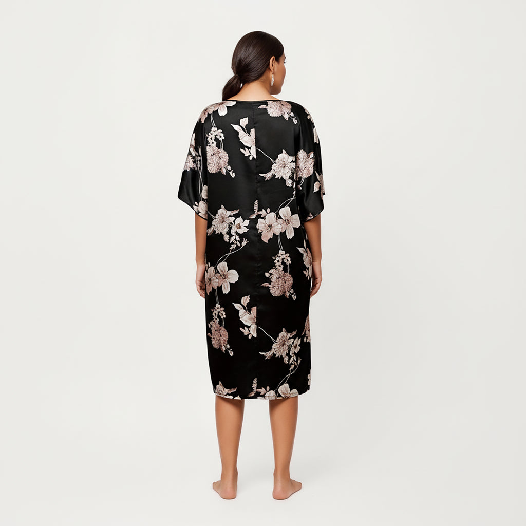 Anna-Kaci Lounge Women's PLus Size Satin Nightgown with Allover Floral Print Relaxed Fit Scoop Neckline and Flowing Short Sleeves