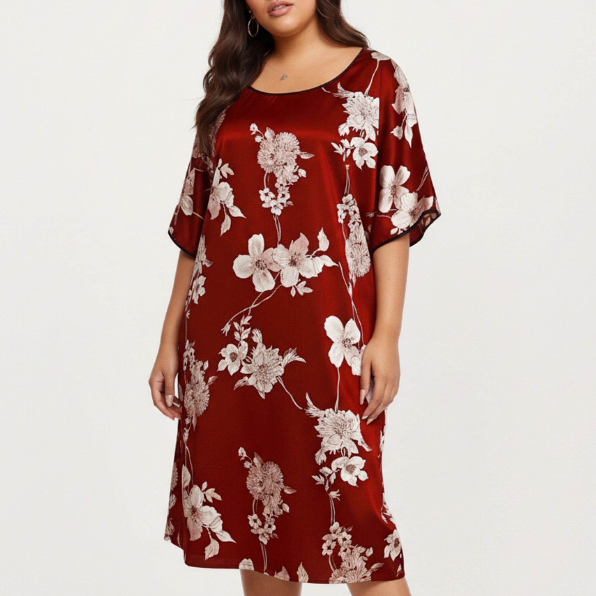 Anna-Kaci Lounge Women's PLus Size Satin Nightgown with Allover Floral Print Relaxed Fit Scoop Neckline and Flowing Short Sleeves