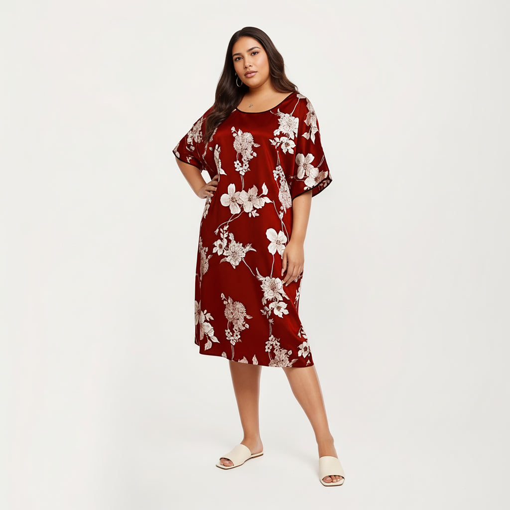 Anna-Kaci Lounge Women's PLus Size Satin Nightgown with Allover Floral Print Relaxed Fit Scoop Neckline and Flowing Short Sleeves