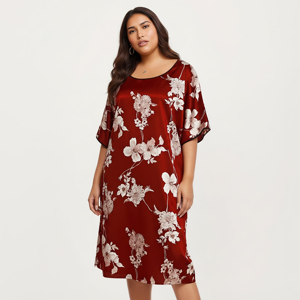 Anna-Kaci Lounge Women's PLus Size Satin Nightgown with Allover Floral Print Relaxed Fit Scoop Neckline and Flowing Short Sleeves