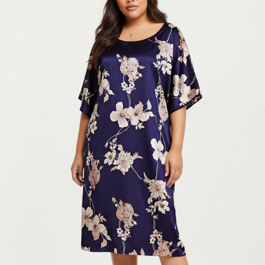 Anna-Kaci Lounge Women's PLus Size Satin Nightgown with Allover Floral Print Relaxed Fit Scoop Neckline and Flowing Short Sleeves