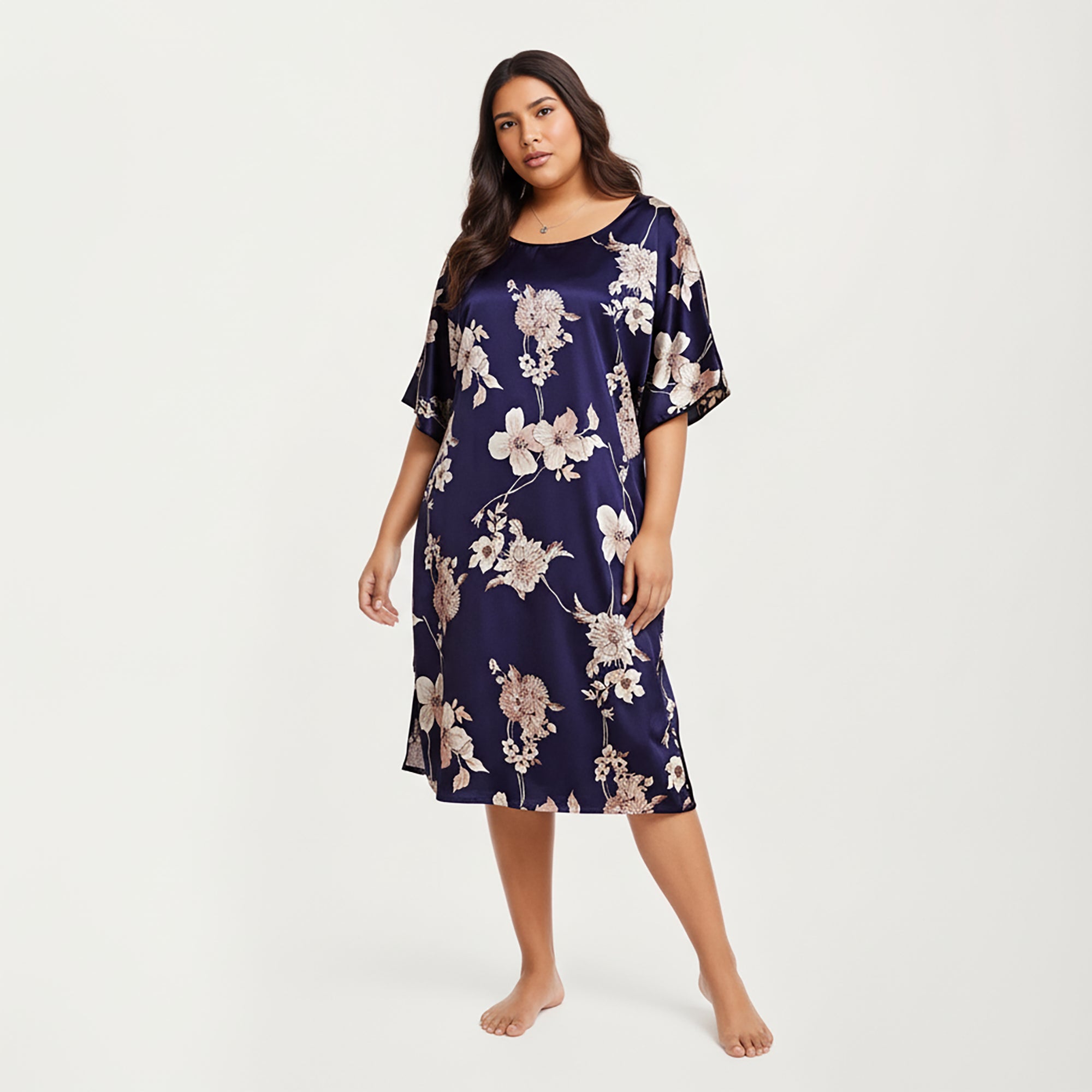 Anna-Kaci Lounge Women's PLus Size Satin Nightgown with Allover Floral Print Relaxed Fit Scoop Neckline and Flowing Short Sleeves