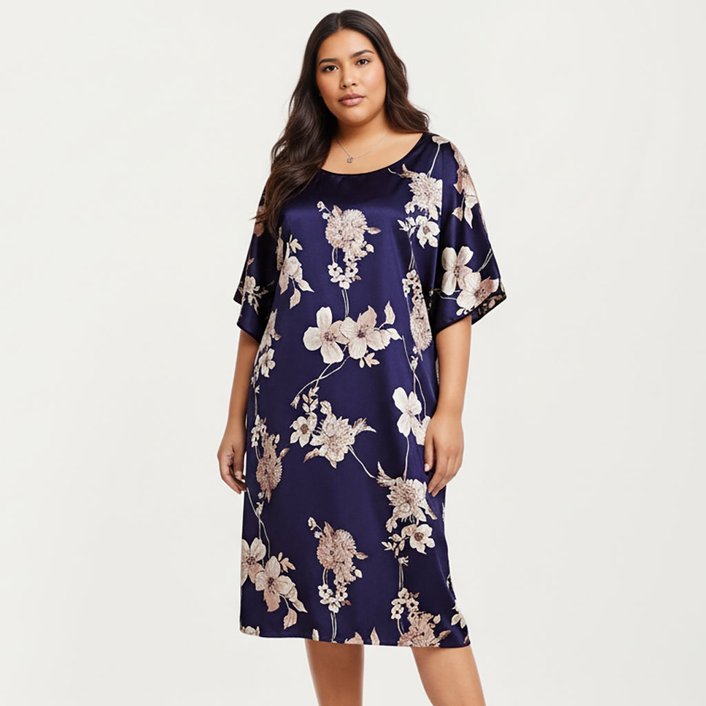 Anna-Kaci Lounge Women's PLus Size Satin Nightgown with Allover Floral Print Relaxed Fit Scoop Neckline and Flowing Short Sleeves