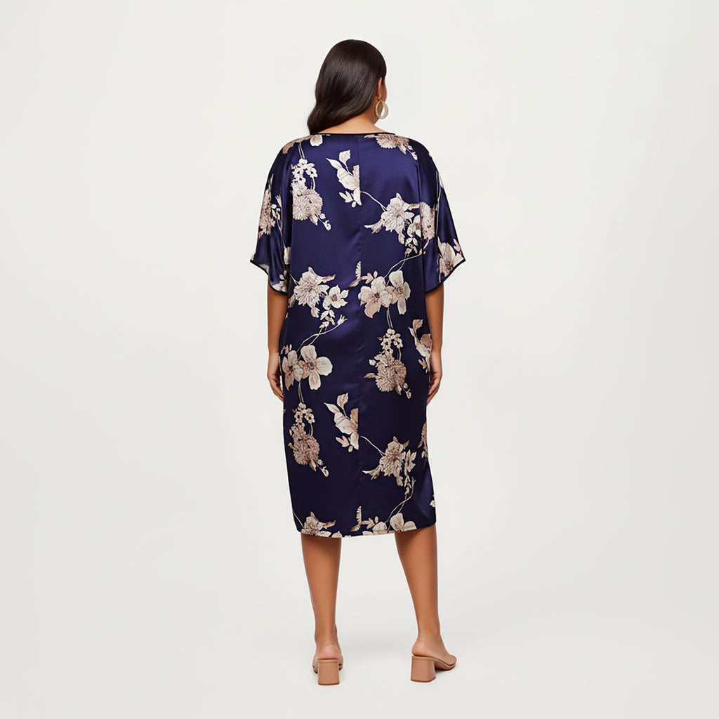 Anna-Kaci Lounge Women's PLus Size Satin Nightgown with Allover Floral Print Relaxed Fit Scoop Neckline and Flowing Short Sleeves