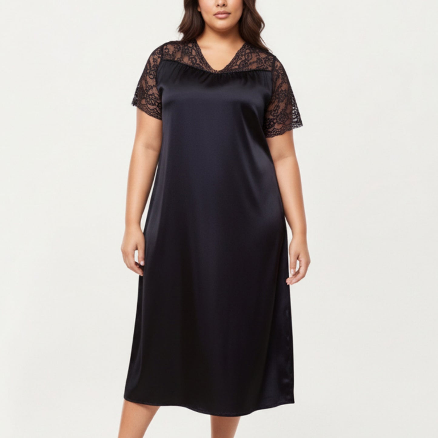 Anna-Kaci Lounge Women's PLus Size Satin Nightgown with Delicate Lace V-Neck Short Sleeves and Soft Flowing Silhouette