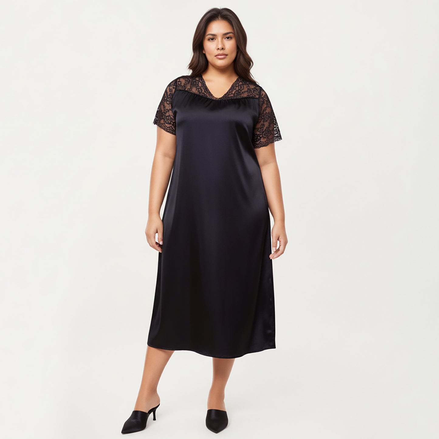 Anna-Kaci Lounge Women's PLus Size Satin Nightgown with Delicate Lace V-Neck Short Sleeves and Soft Flowing Silhouette