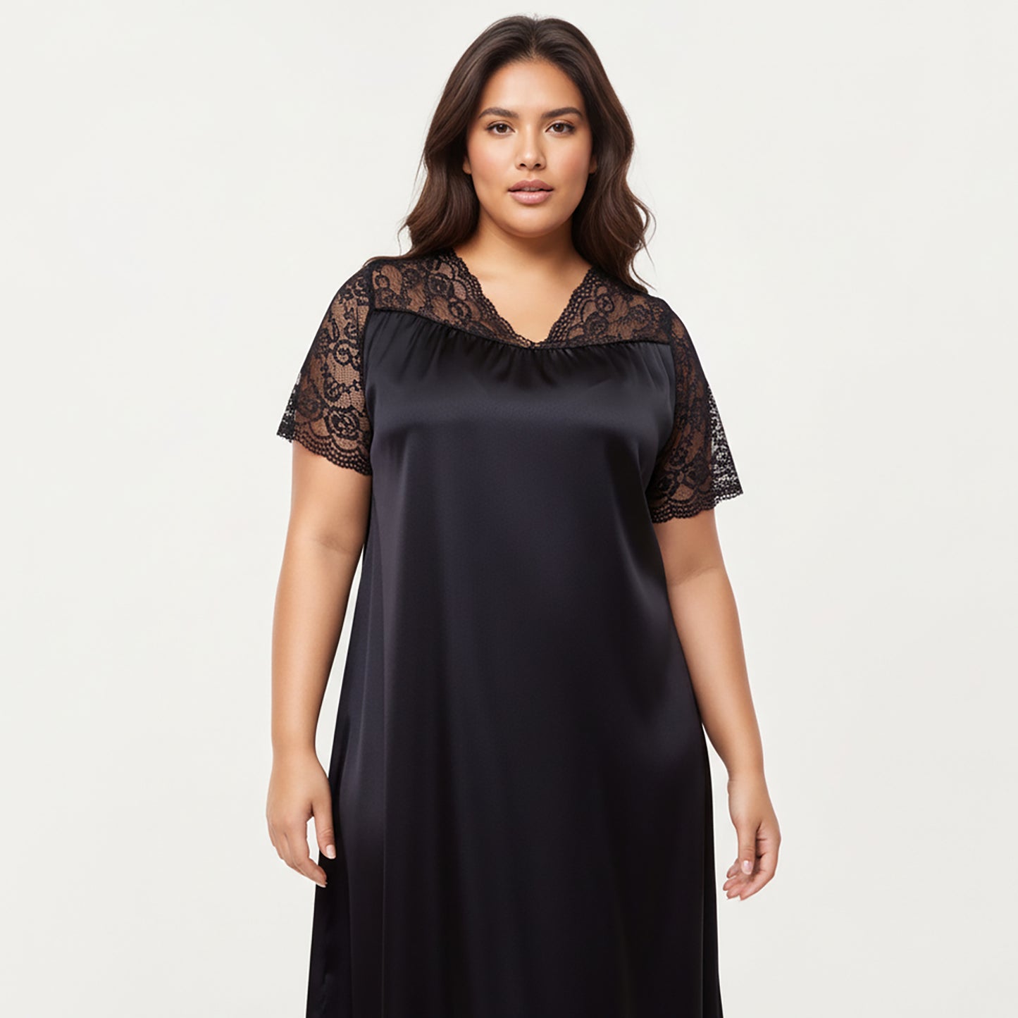Anna-Kaci Lounge Women's PLus Size Satin Nightgown with Delicate Lace V-Neck Short Sleeves and Soft Flowing Silhouette