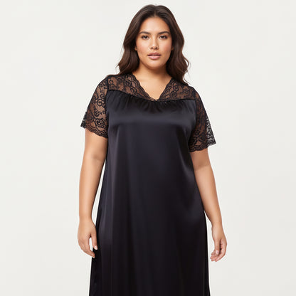 Anna-Kaci Lounge Women's PLus Size Satin Nightgown with Delicate Lace V-Neck Short Sleeves and Soft Flowing Silhouette