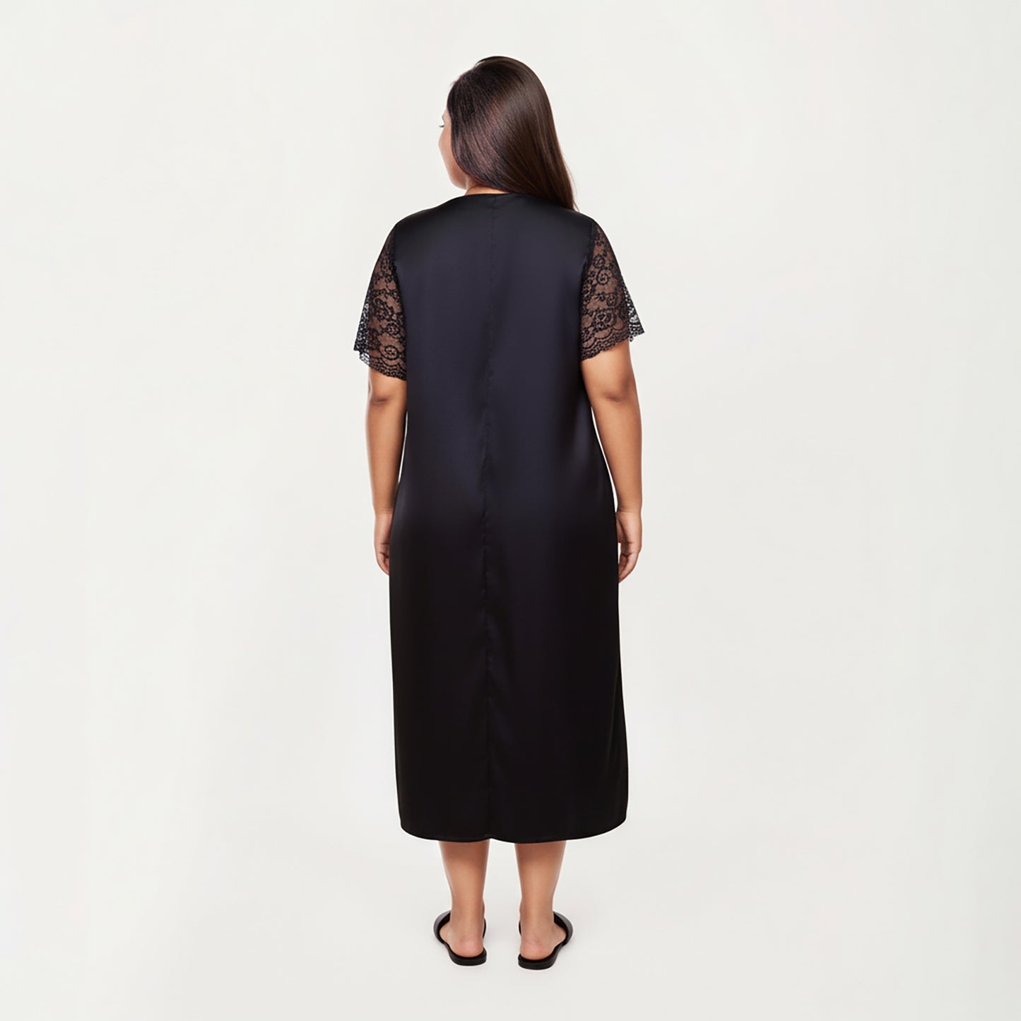 Anna-Kaci Lounge Women's PLus Size Satin Nightgown with Delicate Lace V-Neck Short Sleeves and Soft Flowing Silhouette