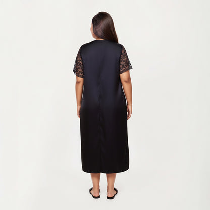 Anna-Kaci Lounge Women's PLus Size Satin Nightgown with Delicate Lace V-Neck Short Sleeves and Soft Flowing Silhouette