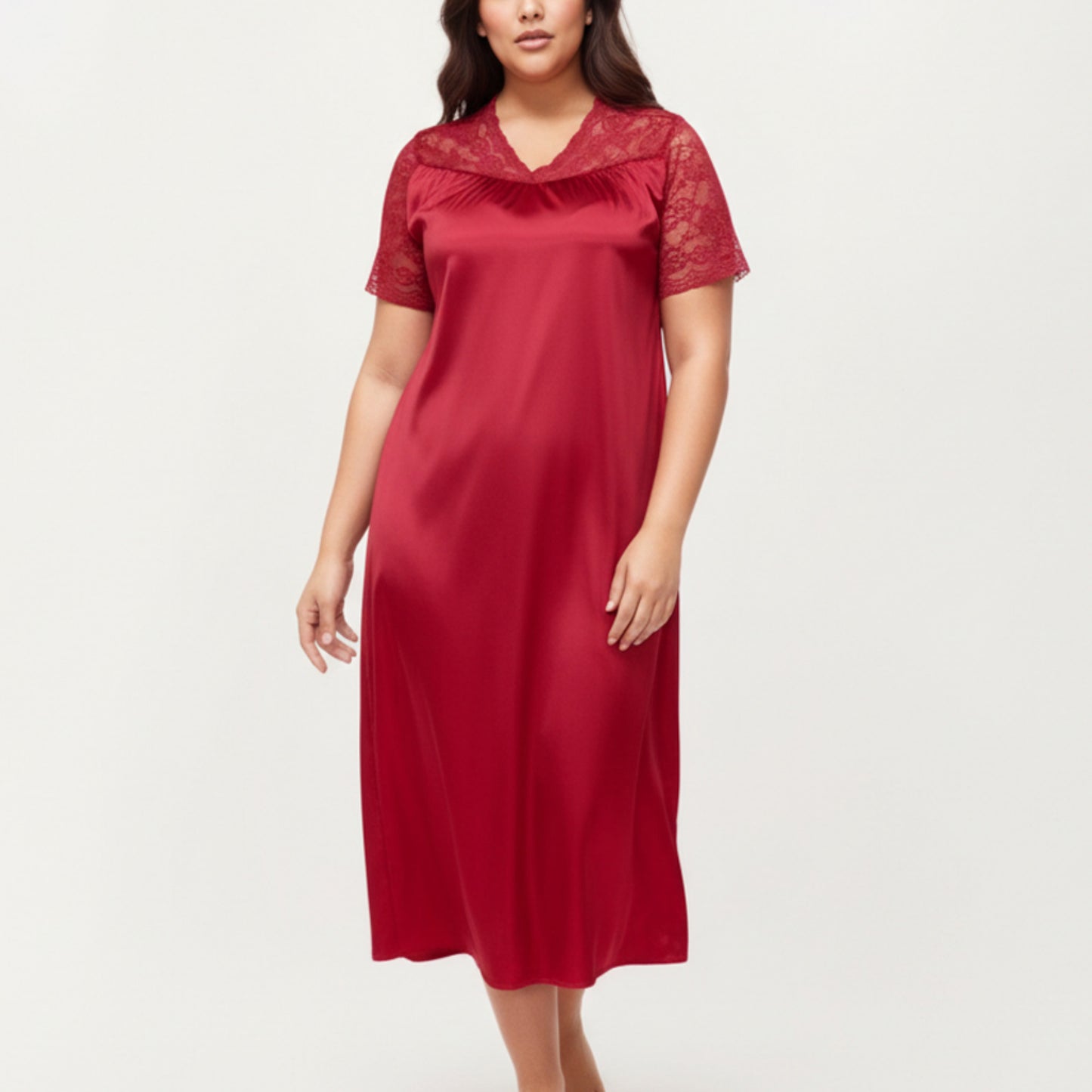 Anna-Kaci Lounge Women's PLus Size Satin Nightgown with Delicate Lace V-Neck Short Sleeves and Soft Flowing Silhouette