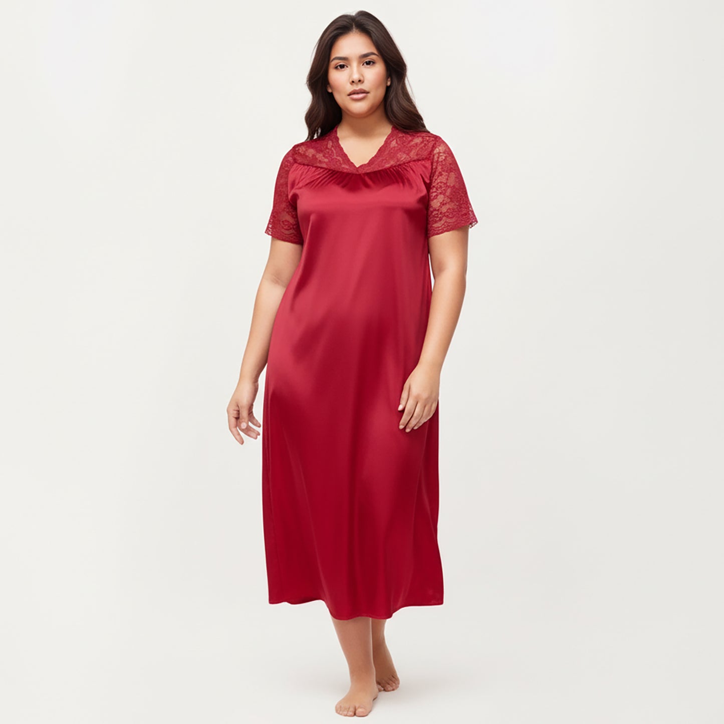 Anna-Kaci Lounge Women's PLus Size Satin Nightgown with Delicate Lace V-Neck Short Sleeves and Soft Flowing Silhouette