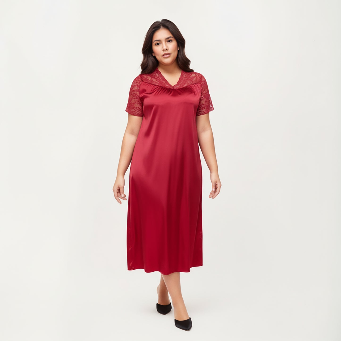 Anna-Kaci Lounge Women's PLus Size Satin Nightgown with Delicate Lace V-Neck Short Sleeves and Soft Flowing Silhouette
