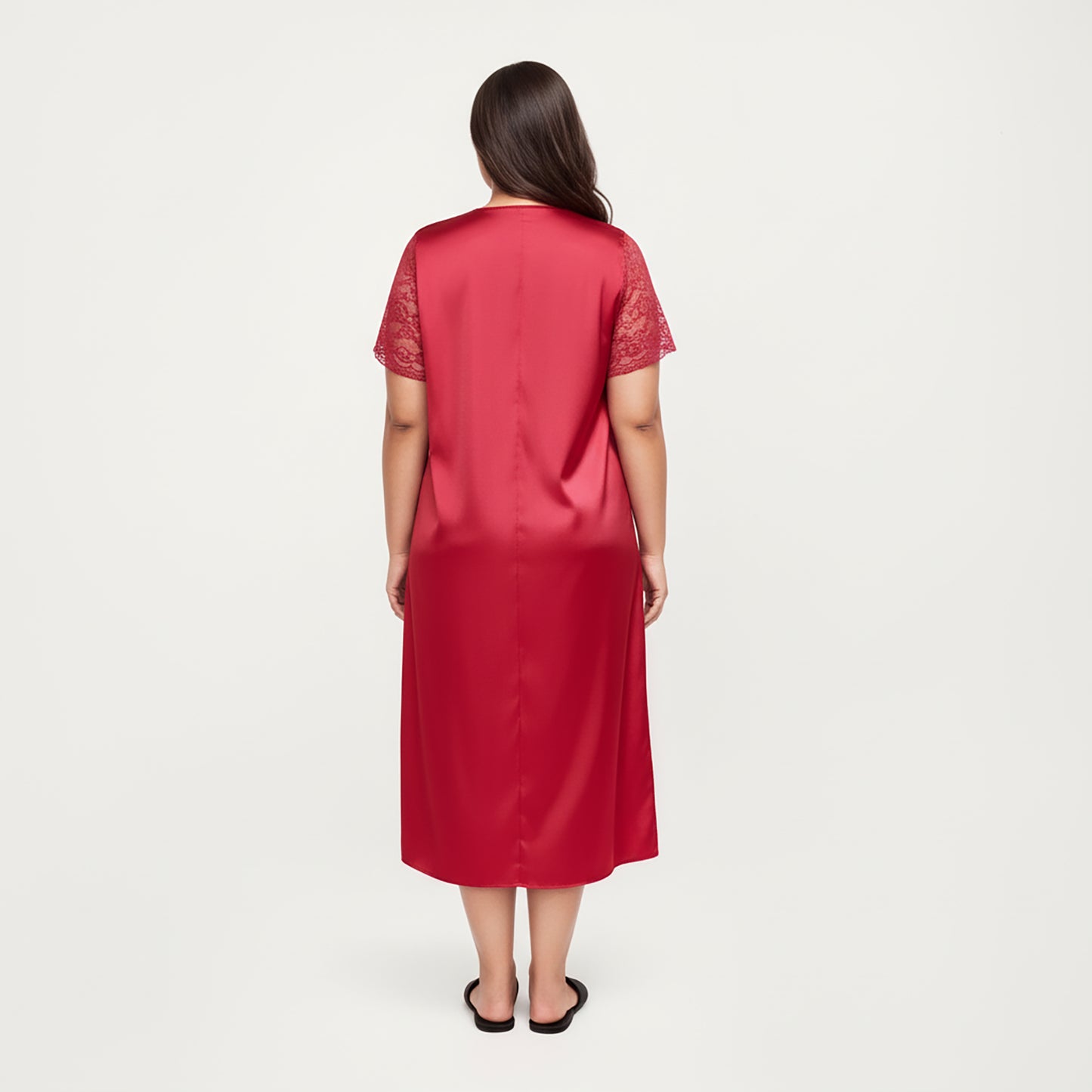 Anna-Kaci Lounge Women's PLus Size Satin Nightgown with Delicate Lace V-Neck Short Sleeves and Soft Flowing Silhouette