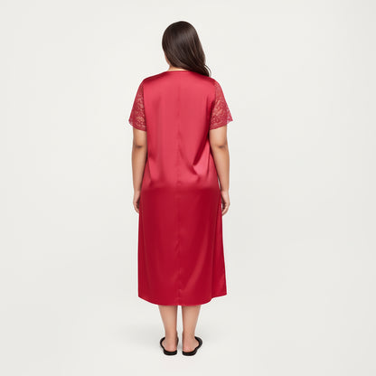 Anna-Kaci Lounge Women's PLus Size Satin Nightgown with Delicate Lace V-Neck Short Sleeves and Soft Flowing Silhouette