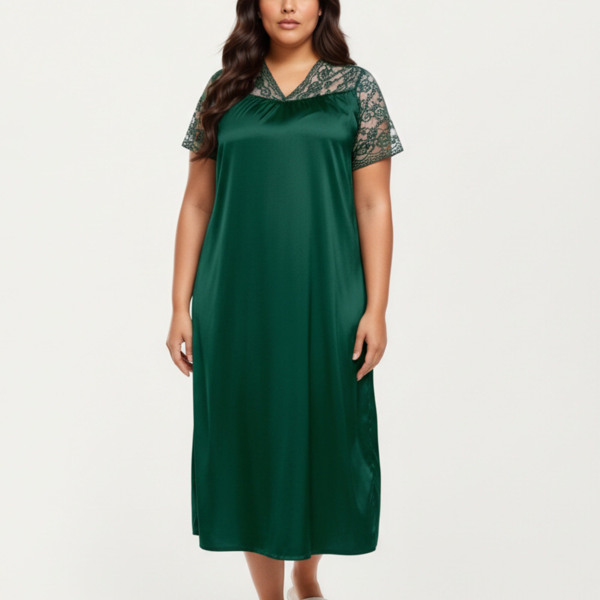 Anna-Kaci Lounge Women's PLus Size Satin Nightgown with Delicate Lace V-Neck Short Sleeves and Soft Flowing Silhouette