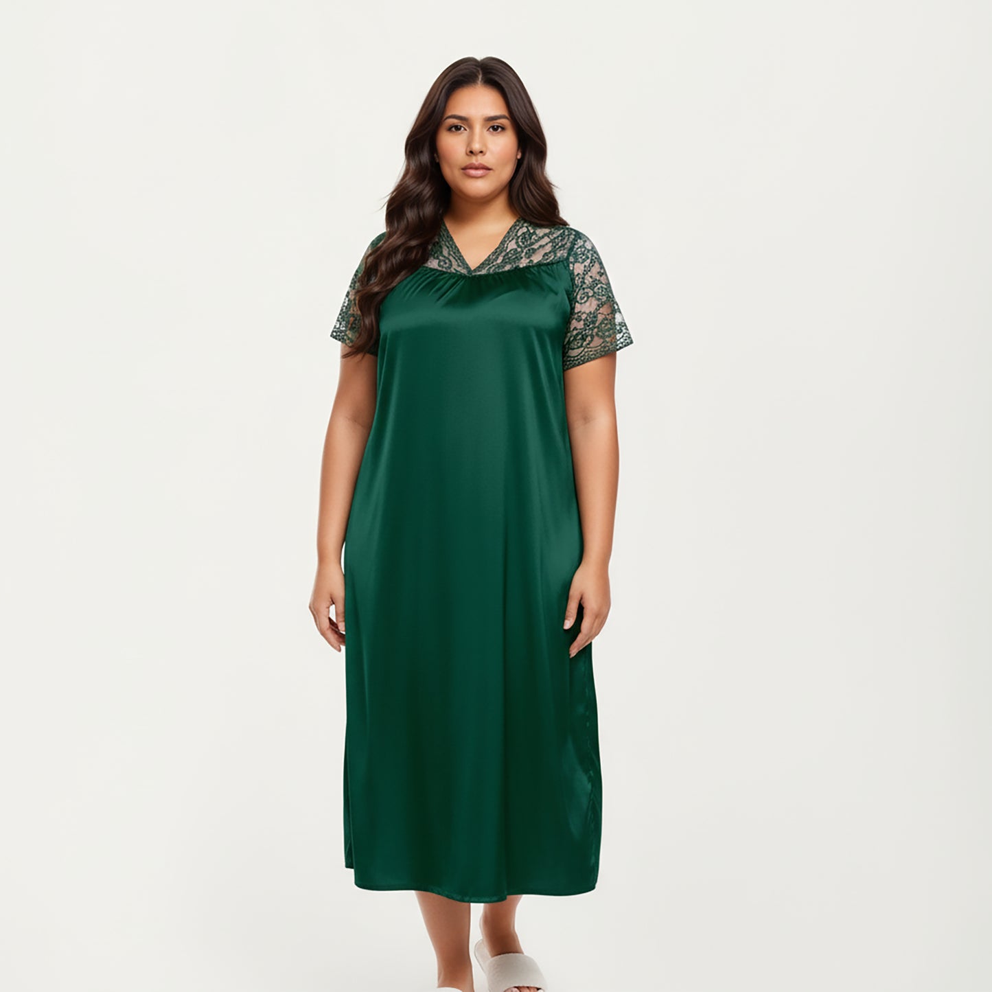 Anna-Kaci Lounge Women's PLus Size Satin Nightgown with Delicate Lace V-Neck Short Sleeves and Soft Flowing Silhouette