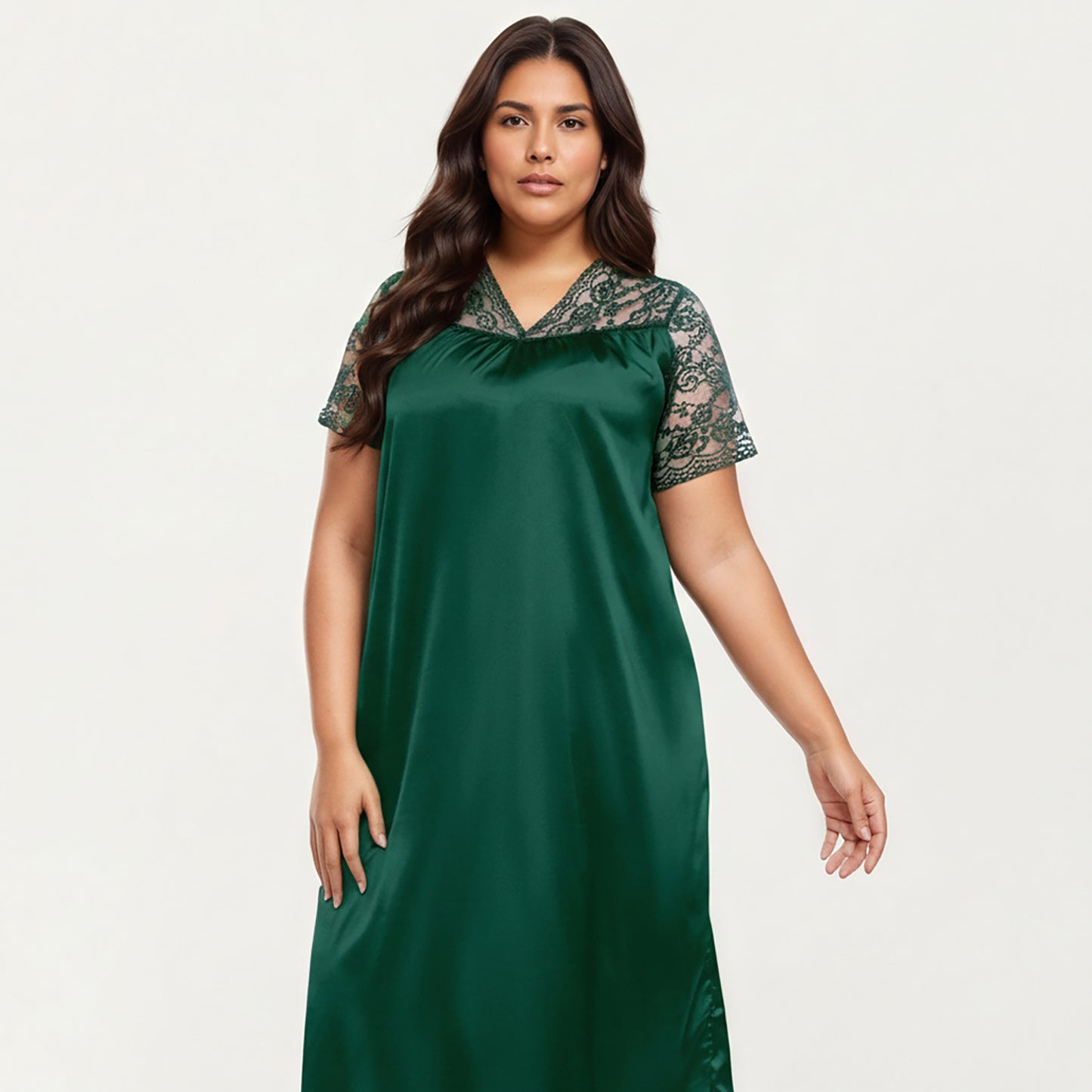 Anna-Kaci Lounge Women's PLus Size Satin Nightgown with Delicate Lace V-Neck Short Sleeves and Soft Flowing Silhouette