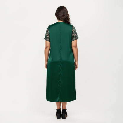 Anna-Kaci Lounge Women's PLus Size Satin Nightgown with Delicate Lace V-Neck Short Sleeves and Soft Flowing Silhouette