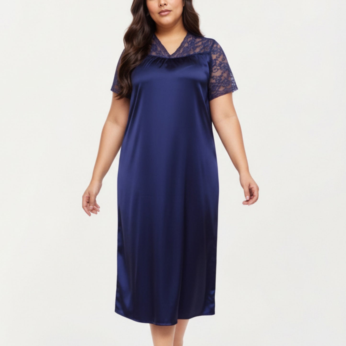 Anna-Kaci Lounge Women's PLus Size Satin Nightgown with Delicate Lace V-Neck Short Sleeves and Soft Flowing Silhouette