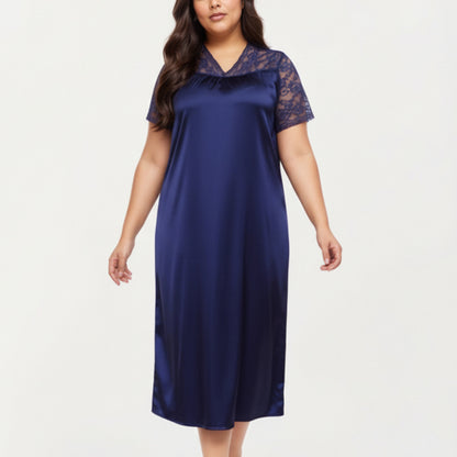 Anna-Kaci Lounge Women's PLus Size Satin Nightgown with Delicate Lace V-Neck Short Sleeves and Soft Flowing Silhouette