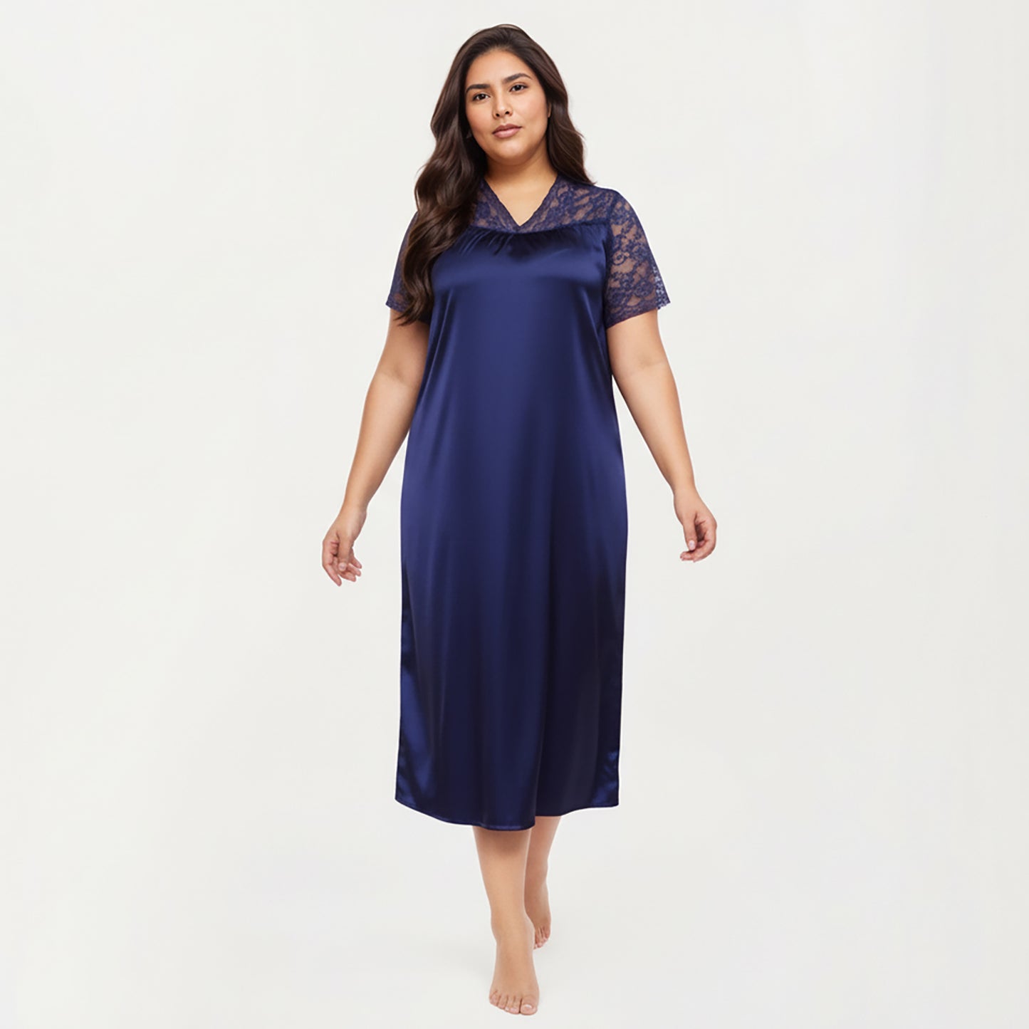 Anna-Kaci Lounge Women's PLus Size Satin Nightgown with Delicate Lace V-Neck Short Sleeves and Soft Flowing Silhouette