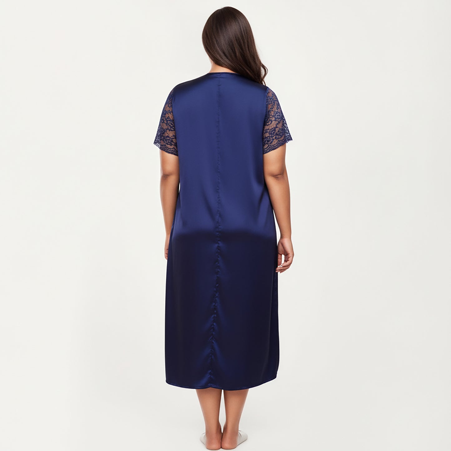 Anna-Kaci Lounge Women's PLus Size Satin Nightgown with Delicate Lace V-Neck Short Sleeves and Soft Flowing Silhouette