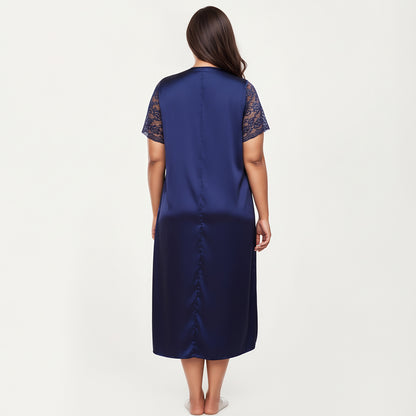 Anna-Kaci Lounge Women's PLus Size Satin Nightgown with Delicate Lace V-Neck Short Sleeves and Soft Flowing Silhouette