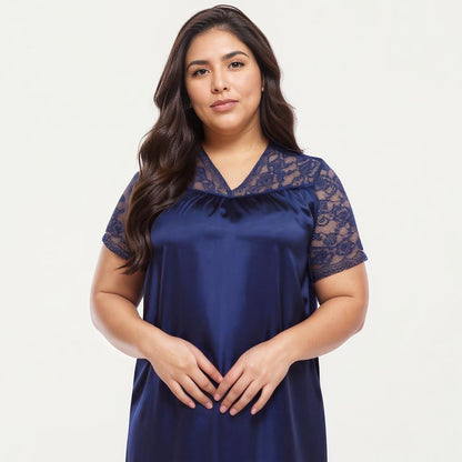 Anna-Kaci Lounge Women's PLus Size Satin Nightgown with Delicate Lace V-Neck Short Sleeves and Soft Flowing Silhouette