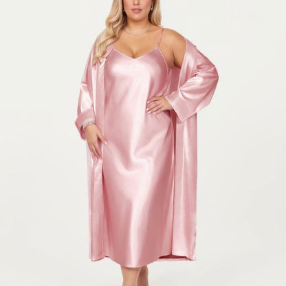 Anna-Kaci Lounge Women's PLus Size Satin 2-Piece Robe and Slip Dress Set with Adjustable Spaghetti Straps and Soft Flowing Drape
