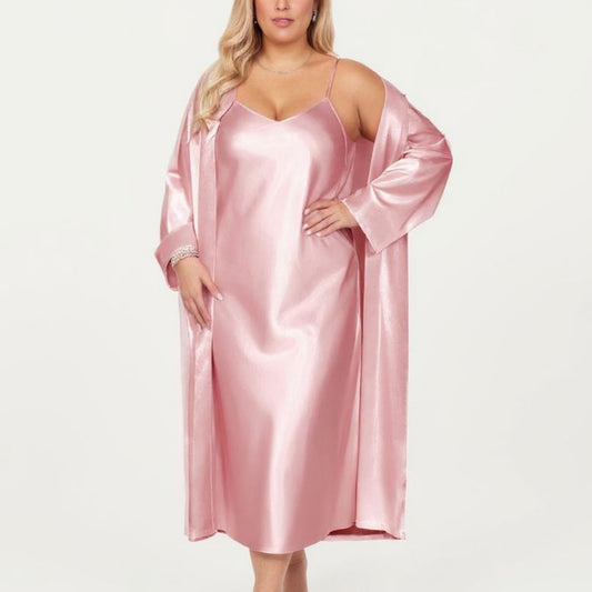 Anna-Kaci Lounge Women's PLus Size Satin 2-Piece Robe and Slip Dress Set with Adjustable Spaghetti Straps and Soft Flowing Drape