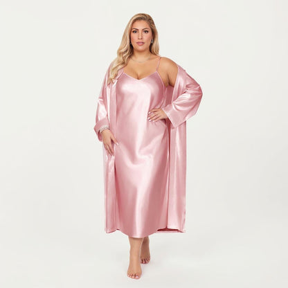 Anna-Kaci Lounge Women's PLus Size Satin 2-Piece Robe and Slip Dress Set with Adjustable Spaghetti Straps and Soft Flowing Drape