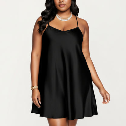 Anna-Kaci Lounge Women's PLus Size Satin Slip Dress with Soft Draping Fabric, Adjustable Spaghetti Straps and A-Line Silhouette