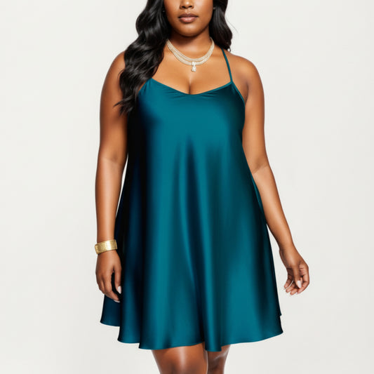 Anna-Kaci Lounge Women's PLus Size Satin Slip Dress with Soft Draping Fabric, Adjustable Spaghetti Straps and A-Line Silhouette