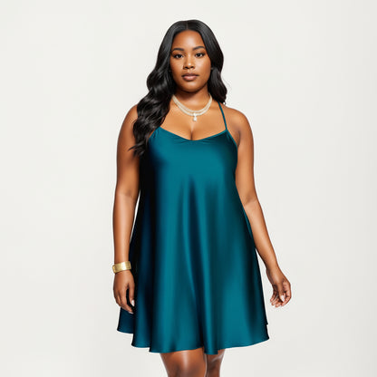 Anna-Kaci Lounge Women's PLus Size Satin Slip Dress with Soft Draping Fabric, Adjustable Spaghetti Straps and A-Line Silhouette
