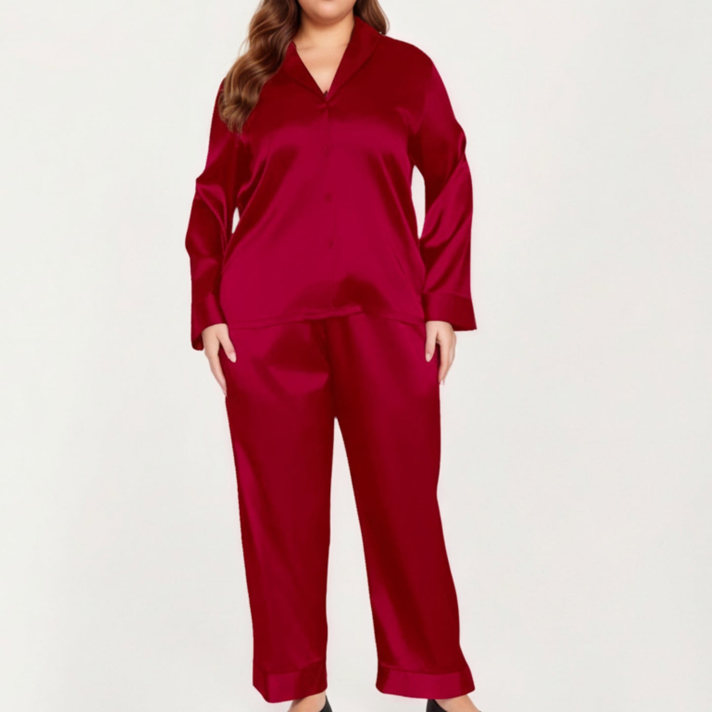 Anna-Kaci Lounge Women's PLus Size 2-Piece Satin Pajama Set with Relaxed Button Front Top and Wide-Leg Pants