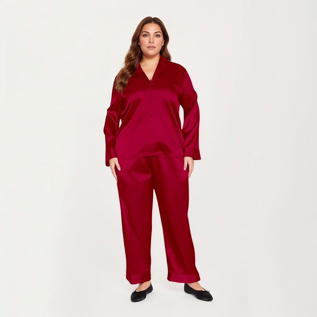 Anna-Kaci Lounge Women's PLus Size 2-Piece Satin Pajama Set with Relaxed Button Front Top and Wide-Leg Pants