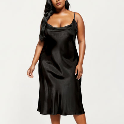 Anna-Kaci Lounge Women's PLus Size Satin Midi Slip Dress with Draped Neckline and Smooth Glossy Fabric