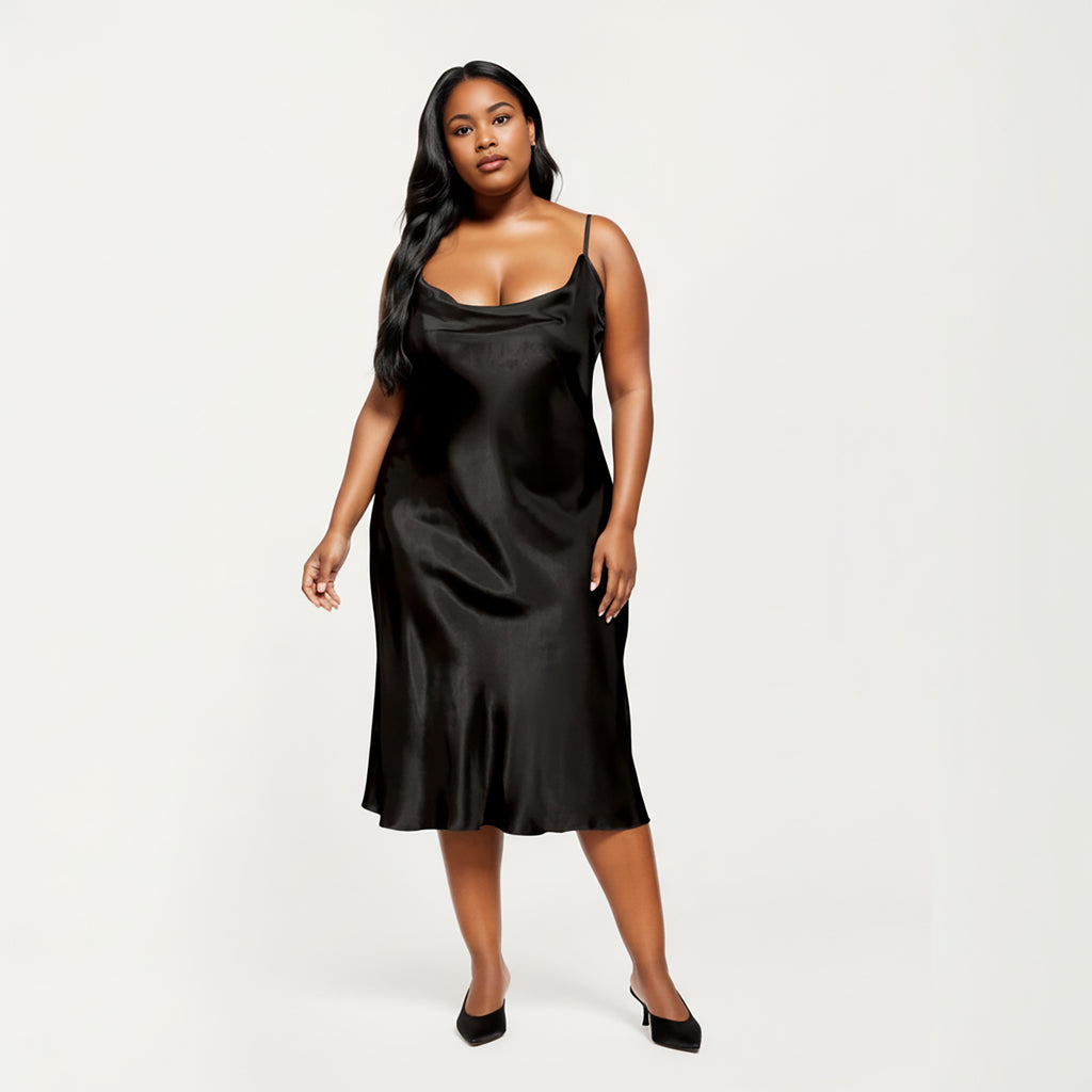 Anna-Kaci Lounge Women's PLus Size Satin Midi Slip Dress with Draped Neckline and Smooth Glossy Fabric