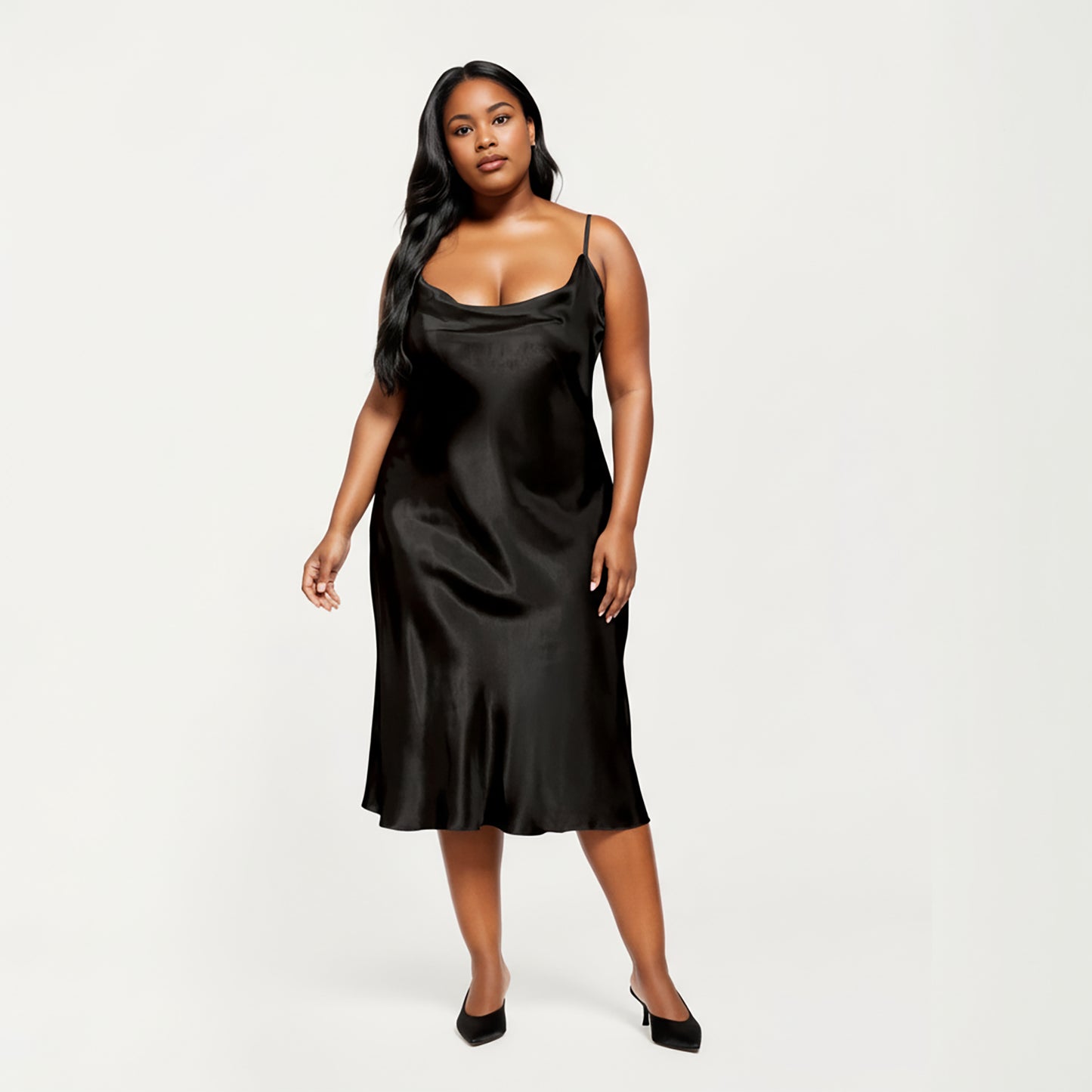 Anna-Kaci Lounge Women's PLus Size Satin Midi Slip Dress with Draped Neckline and Smooth Glossy Fabric