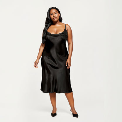 Anna-Kaci Lounge Women's PLus Size Satin Midi Slip Dress with Draped Neckline and Smooth Glossy Fabric