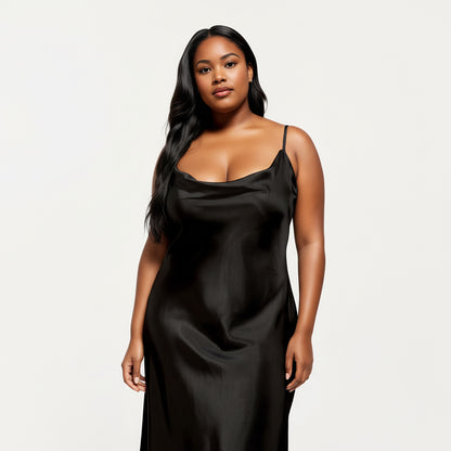 Anna-Kaci Lounge Women's PLus Size Satin Midi Slip Dress with Draped Neckline and Smooth Glossy Fabric