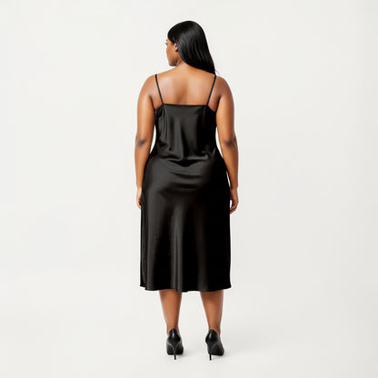 Anna-Kaci Lounge Women's PLus Size Satin Midi Slip Dress with Draped Neckline and Smooth Glossy Fabric