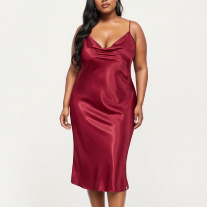 Anna-Kaci Lounge Women's PLus Size Satin Midi Slip Dress with Draped Neckline and Smooth Glossy Fabric